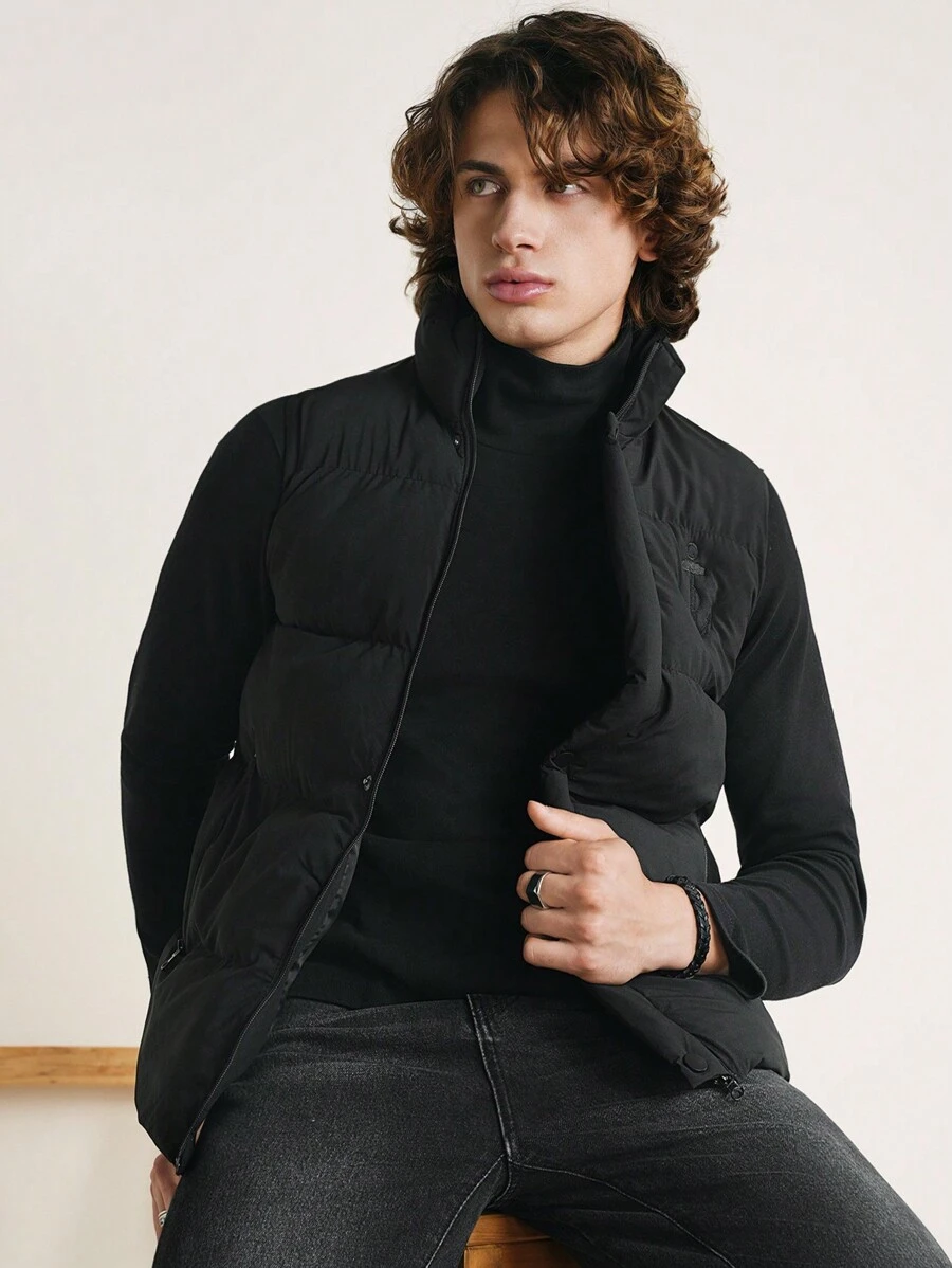 RueChic Men Printed Zip Up Vest Coat - Black - View 1