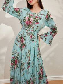 Modelyn Floral Print Ruffle Sleeves Summer Pleated Dress Maxi Women Outfit Long Evening Dresses Fall Cloth For Women - Blue - View 6