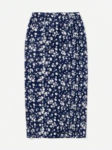 SHEIN VCAY Plus Size Women's Ditsy Floral Drawstring Waist Slit Hem Long Skirt For Vacation