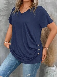 SHEIN LUNE Plus Size Women's Solid Color V-Neck Short Sleeve Pleated Casual T-Shirt, Summer - Navy Blue - View 6
