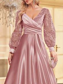 XUIBOL Váy dạ hội trang trọng cổ chữ V tay dài bằng vải satin chắp vá đính hạt cho nữ (được tô điểm nhiều) Váy dự tiệc cưới thanh lịch cho khách dự tiệc tối, tốt nghiệp, tiệc tối - Hồng - Xem 6
