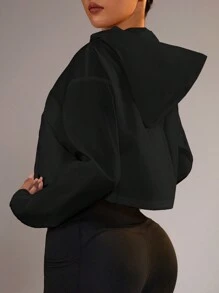 Easithlete Áo gió ngắn có mũ trùm đầu có khóa kéo có dây rút viền để chống nắng khi mặc áo khoác tập luyện thể thao - màu đen - Xem 2