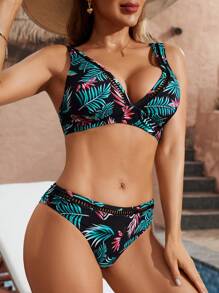 Swim Lushoire Women's Sexy Tropical Plant Printed Bikini Set, Perfect For Vacation,Summer Beach - Blue - View 4