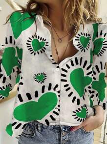 浪漫心形印花翻领宽松柔软触感长袖衬衫，情人节、春夏礼物 - 綠色 - 查看 1