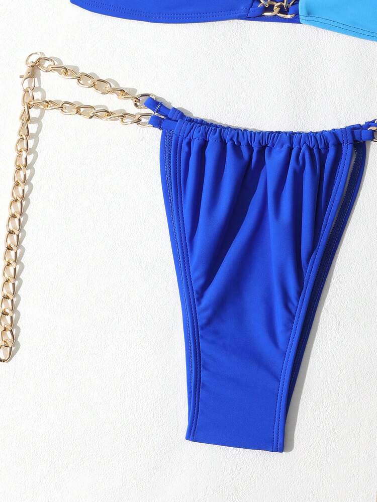 Women Color Block Chain Decor Beach Vacation Bikini Set For Pool Or Beach Summer Beach