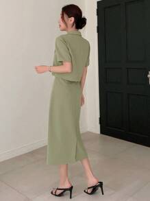 DAZY Ladies' Solid Color Short Sleeve Blazer And Knee-Length Skirt Suit - Green - View 5