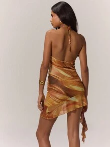 MUSERA 抽象印花荷叶边迷你连衣裙，适合度假、夏季、伊比沙岛、波西米亚风音乐节、春季海滩度假、音乐会、约会之夜、夜生活、生日派对、秋夏季等场合，优雅百搭。 - 金色 - 查看 2