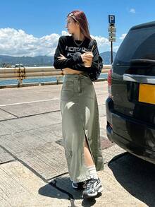 Women's Casual Fashionable Workwear High Slit Denim Skirt - Mint Green - View 6