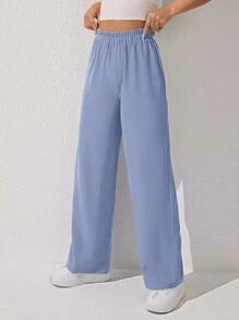 SHEIN PETITE Pantalones de pierna ancha sueltos y de unicolor de moda para mujeres para el verano - Azul - Ver 4