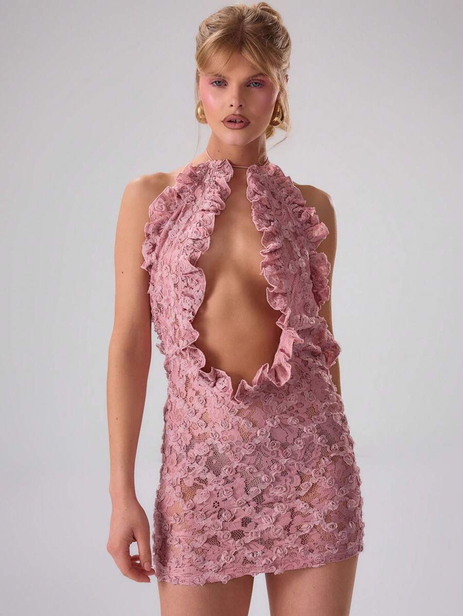 MUSERA 纹理花卉吊带迷你连衣裙，优雅，夏季，可爱，适合婚礼宾客和复活节 - 粉色 - 查看 1