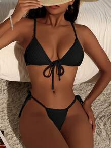 SHEIN Swim 女士實色前結綁性感比基尼套裝，完美適用於度假 - 黑色 - 查看 1