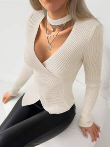EURMUSE Choker Neck Wrap Cross Asymmetrical Hem Sweater - Beige - View 4