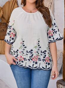 EMERY ROSE Plus Size Summer Floral Embroidery Raglan Sleeve Blouse - Multicolor - View 1