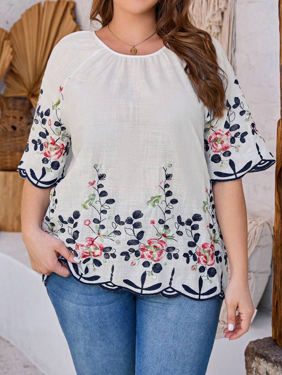 EMERY ROSE Plus Size Summer Floral Embroidery Raglan Sleeve Blouse - Multicolor - View 1