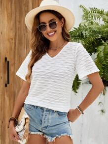 Chiquease Ladies Summer Solid Color V-Neck Short Sleeve Casual T-Shirt - White - View 1