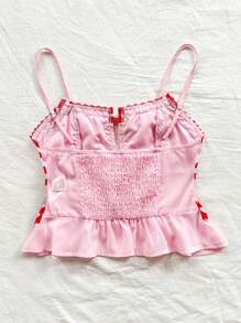 Soleia WYWH Women Pink Mix Red Lace-Up Halterneck Top With Ruffle Hem For Vacation