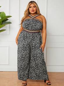 SHEIN CURVE+ Plus Size Leopard Print Splice Woven Tape Beach Jumpsuit With V Neckline And Cinched Waist - Black - View 4
