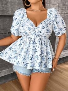 Celure 大码女式夏季度假花卉印花甜心领口露肩短袖衬衫搭配荷叶边下摆荷叶边上衣 - 藍白色 - 查看 4