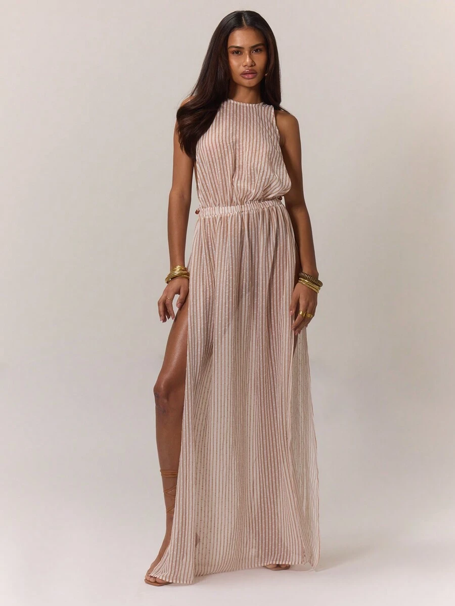 MUSERA Greek Goddess Costume Textured Stripe Maxi Dress, Summer Split Fashion Dress Elegant Spring Vacation Party - Yellow - View 1