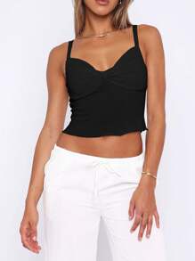 SHEIN ICON Áo yếm nữ màu trơn mùa hè có nút thắt vừa vặn ở ngực Cami Top - màu đen - Xem 3