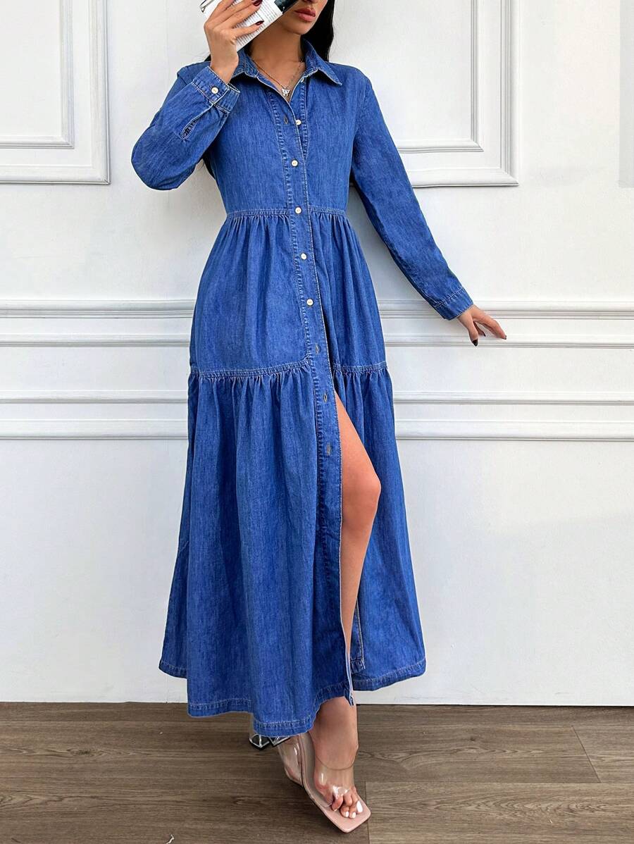 EURMUSE Women'S Shirt  Denim Dress With Ruffle Hem - Medium Wash - View 1