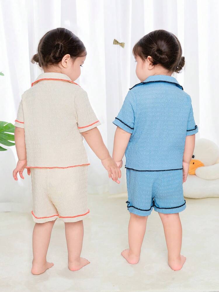 Baby Girl 4pcs Casual Color Block Texture Short Sleeve Cardigan & Elastic Waist Shorts Home Wear Set