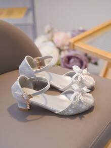 1pair Girls Princess Style Rhinestone Butterfly Decorated High Heel Sandals With Cute Bowknot Buckle, Suitable For Summer - Silver - View 2