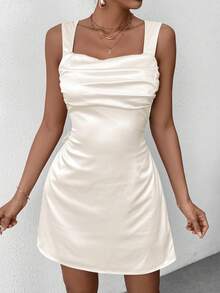 PARTHEA Backless Back Tie Draped Trim Bodycon Ruched Dress - Apricot - View 3