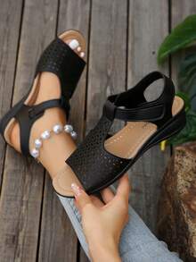 夏季女士涼鞋，韓版，楔形跟，彈性帶，2024新款中老年婦女露趾涼鞋 - 黑色 - 查看 4