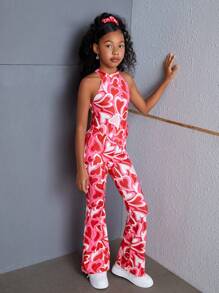 SHEIN SLAYR KIDS Tween Girl Casual Red Heart Printed Tank Top & Flared Long Two-Piece Set - Red - View 4