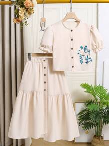 青少年女孩夏季花卉印花短袖泡泡上衣和荷叶边下摆短裙休闲两件套，适合度假、夏季、旅行 - 杏色 - 查看 1