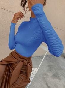 SHEIN Cottnline Solid Mock Neck Jumper - Blue - View 3