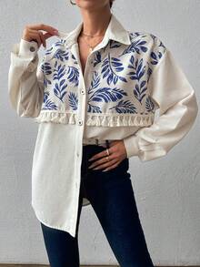EURMUSE 100%Cotton Open Placket Blouse With Tassels And Tribe Print - Beige - View 3