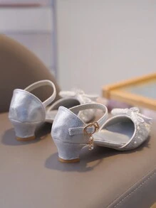 1pair Girls Princess Style Rhinestone Butterfly Decorated High Heel Sandals With Cute Bowknot Buckle, Suitable For Summer - Silver - View 3