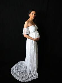 Maternity Off Shoulder Lace Overlay Dress For Maternity Photoshoot