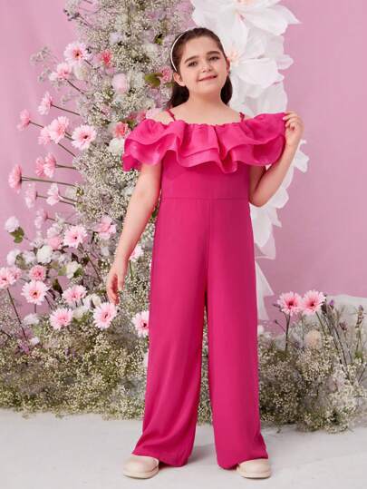 SHEIN Elegant And  Spring/Summer Woven Off-Shoulder Jumpsuit For Tween Girls (Extended Sizes)