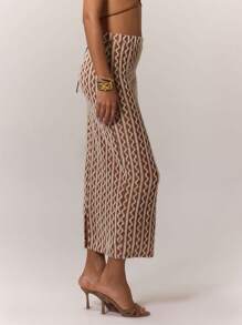 MUSERA Textured Contrast Stripe Skirt Boho Summer Cute Vacation - Camel - View 4