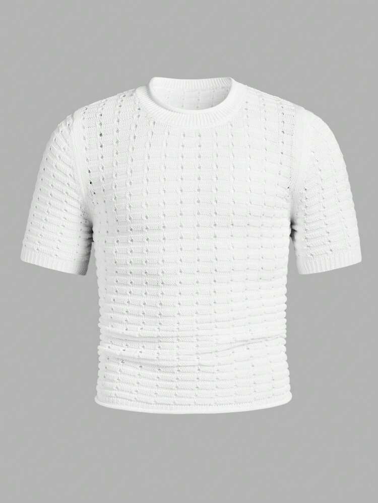 Men's Summer Solid Color Short Sleeve Hollow-Out Casual Knitted Top