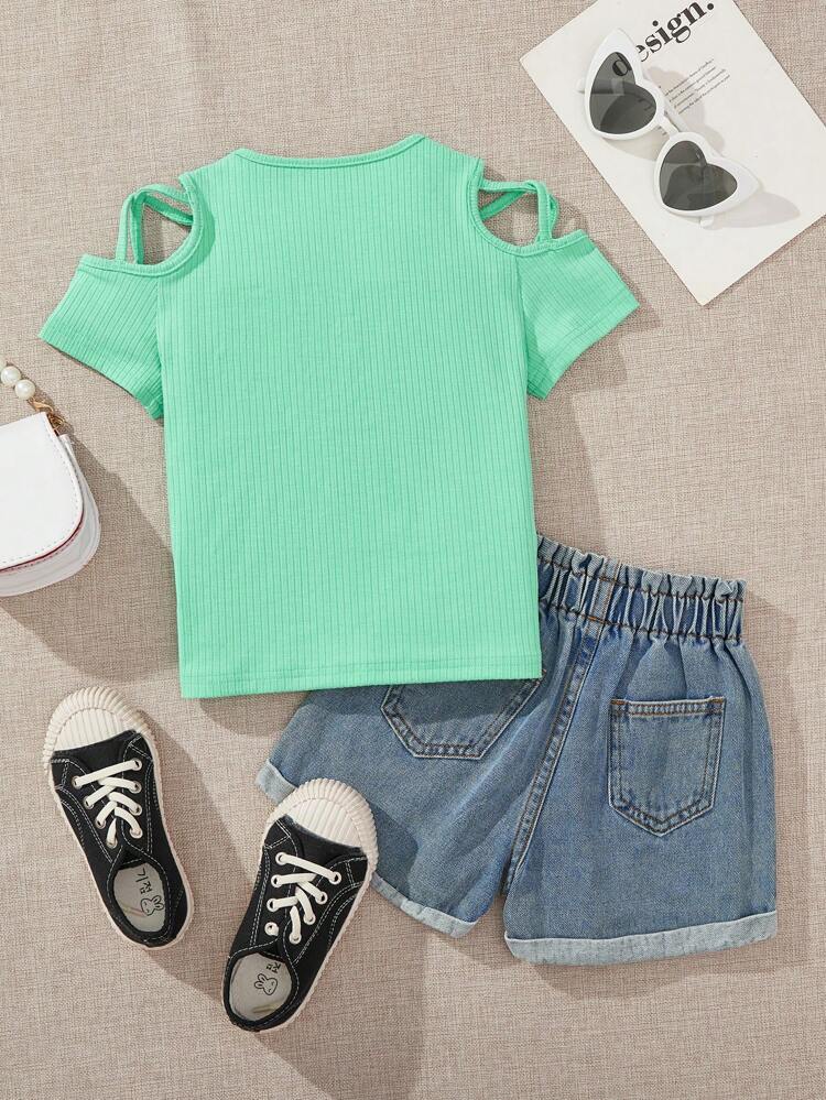 Young Girl 2pcs Set, Letter Printed Knitted Top With Hollow Sleeves And Frayed Denim Shorts