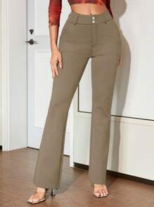 Apperloth A Vintage Solid Color Elastic Waist Double Buckle Front Slit Pocket Flared Slim Fit Pants Spring - Khaki - View 5