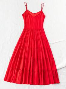 Soleia Summer Women's Holiday Red V-Neck High Slit Multi-Layer Cake Splice Loose Dress With Wide Straps For Seaside Vacation Or Graduation - Red - View 3