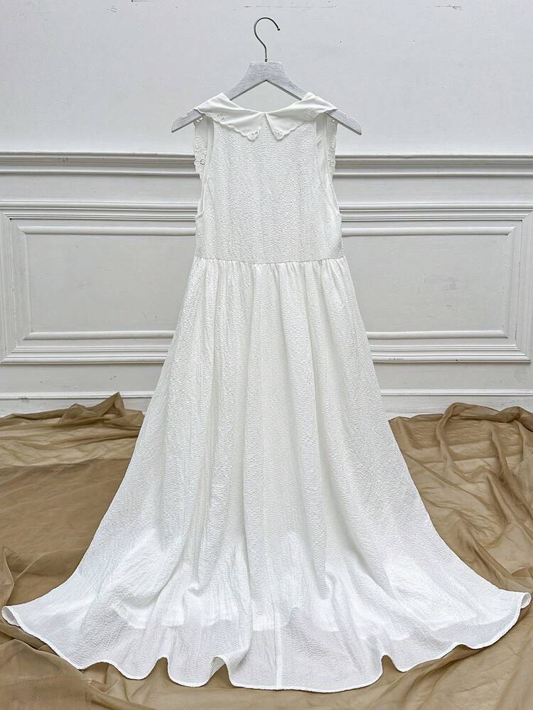 Women's Holiday Style Textured Fabric Exquisite Lapel Peter Pan Collar A-Line Long Romantic Pastoral Summer Graduation Season Wedding Season Cute Lunch Babydoll White Dress