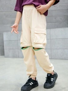 Tween Boy Zipper Design Pocket Decor Casual Daily Wear Pants - Khaki - View 1