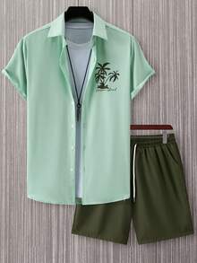 Manfinity RSRT Nam Thư Kỳ Nghỉ Hè & Áo Sơ Mi Ngắn Tay In Hình Cây Cọ Và Quần Short Trang Phục Thường Ngày, 2 Cái/bộ - Nhiều màu - Xem 3