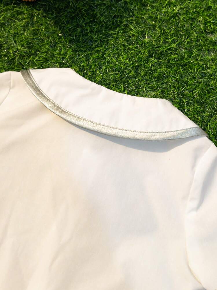 Baby Boy Gorgeous Satin Splice Short Sleeve Peter Pan Collar Shirt Elastic Waist Shorts Suit, Suitable For Birthday Party, Evening, Performance, Wedding, Full Month Celebration, Baptism And First Birthday Party