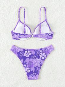SHEIN Swim Floral Print V-Neck Spaghetti Strap Bikini Set, Separated , Summer Beach - Purple - View 7