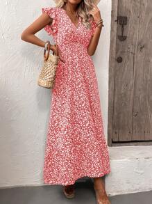 SHEIN LUNE Random Cut Floral V-Neck Cap Sleeve Summer Holiday Style Dress - Red - View 4