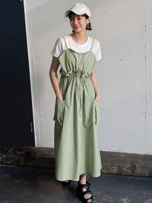 FRIFUL 女士夏季纯色拉链半开襟腰部抽绳双口袋休闲吊带连衣裙/复活节长裙 - 綠色 - 查看 4