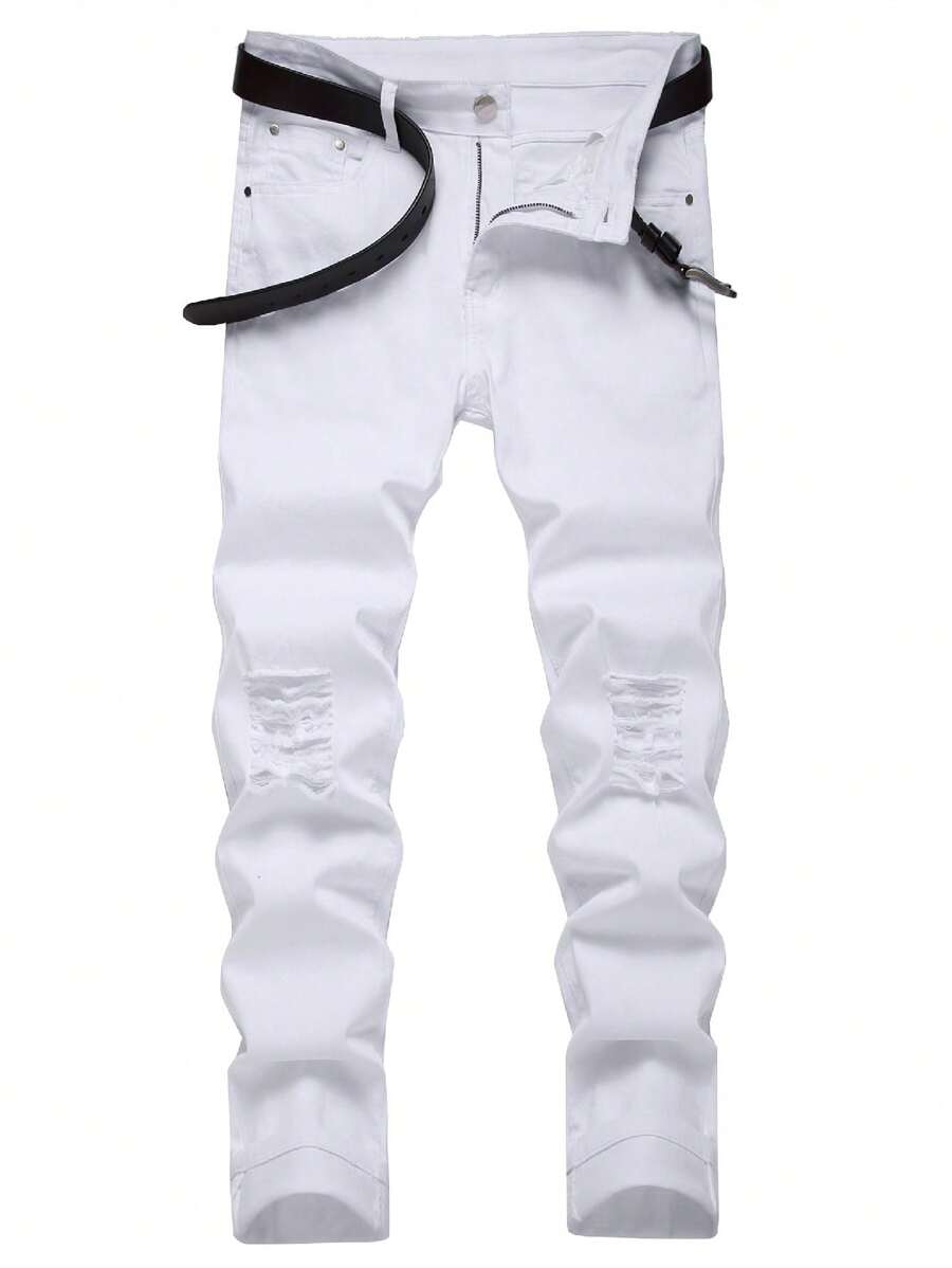 男士直筒剪裁破洞牛仔裤，白色棉质弹力牛仔裤