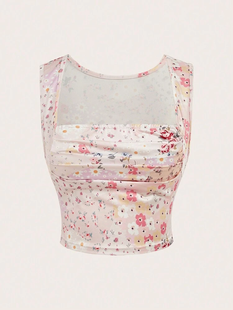 Holiday Style Square Neck Floral Print Ruched Backless Camisole
